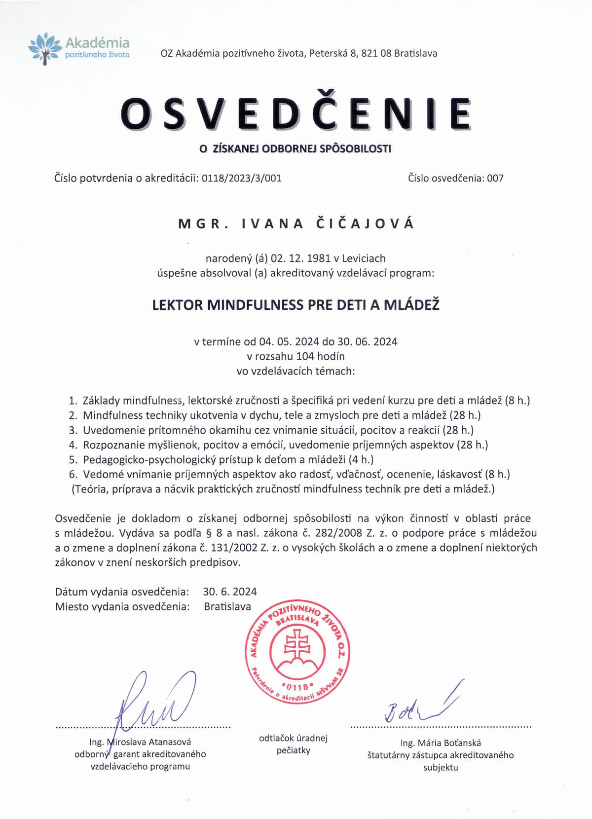 Osvedčenie Lektor Mindfulness pre deti a mládež